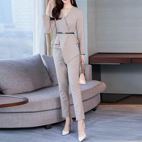 Elegant Women Blazer Suit Spring Autumn Office Ladies Pant Suits V-neck Belted Blazer & Suit Pants 2021 Work Wear Female Sets