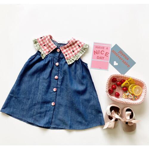Tonytaobaby Girls Dress Watermelon Fold-down Collar Sleeveless Pure Cotton Soft Dress Dress Girl