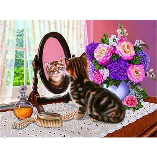 Flower Cats Animal DIY 11CT Cross Stitch Embroidery Kits Needlework Craft Set Printed Canvas Cotton Thread Home Room