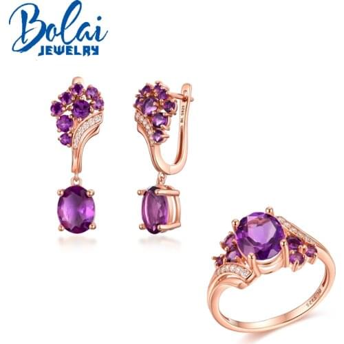 925 sterling silver natural African amethyst ring and earring set,light luxury senior ladies daily wear bolai jewelry