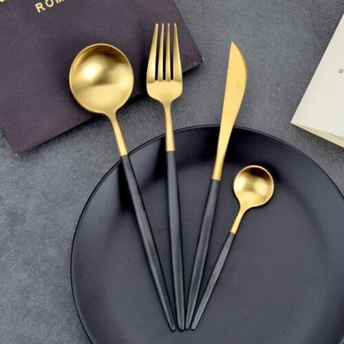 4pcs/lot Spoon Fork Knife Set Titanium Plated Stainless Steel Tableware Black Gold Drawing Tableware Cutlery Set Spoon Fork