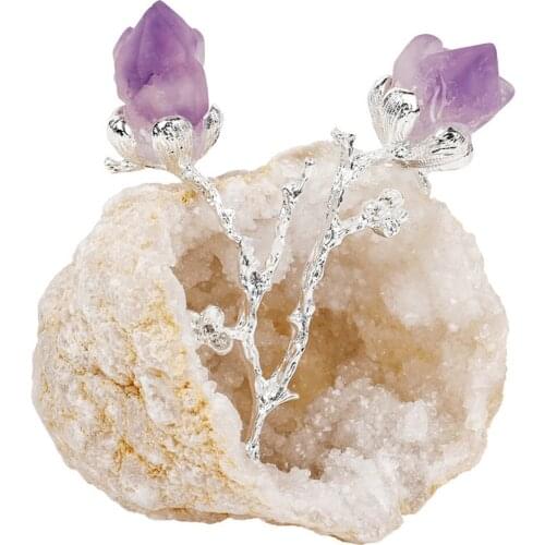 Natural Agate Geode Inlaid Silver Amethyst Flower Branches Quartz Figurine Healing Crystal Stone Crafts Home Decoration Gift