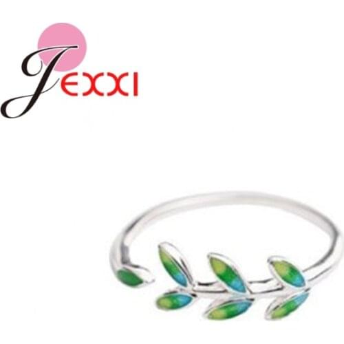 New Women Real 925 Sterling Silver Ring Open Adjustable Finger Ring Simple Style Green Tree Leave Shape Trendy Style Gift