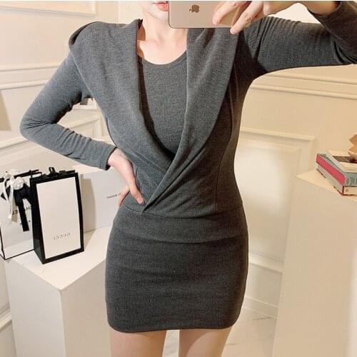 New arrival fashion winter mini dress women OL temperament casual personality gray hooded knitted bouncy bag hip pencil dress