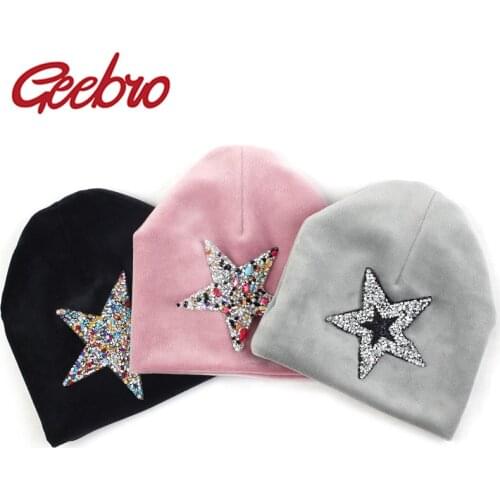 Geebro Autumn Winter Soft Thicker Velvet Newborn Baby Boys Girls Hats Beanie Infant Cute Rhinestones Star Hats Cap Newbron Gift