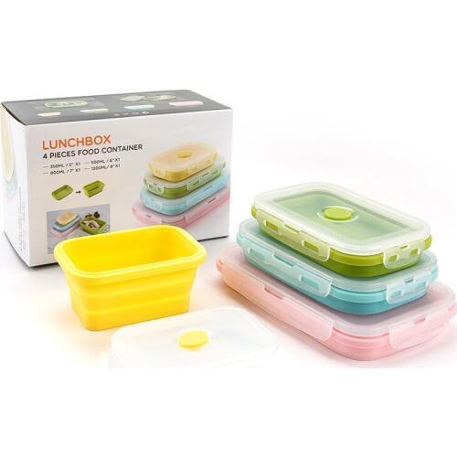 Portable Rectangle Silicone Scalable Folding Lunchbox Fresh Fruit Food Container Bento Box with Silicone Sealing Plug Dinnerware