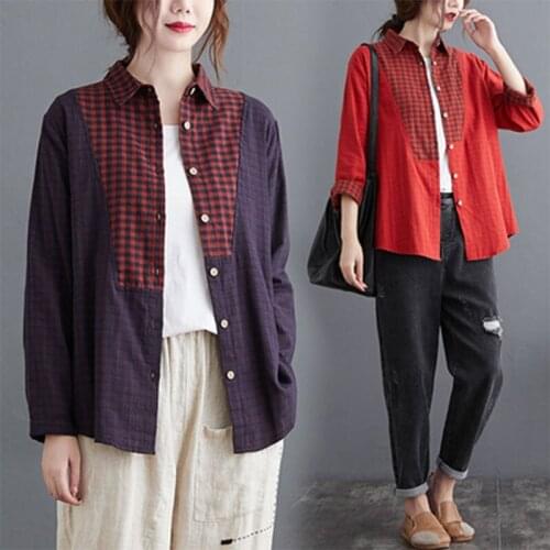 Casual Shirts Patchwork Plaid Cotton Linen Vintage Blouses Plus Size Autumn New Arts Style Women Long Sleeve Loose