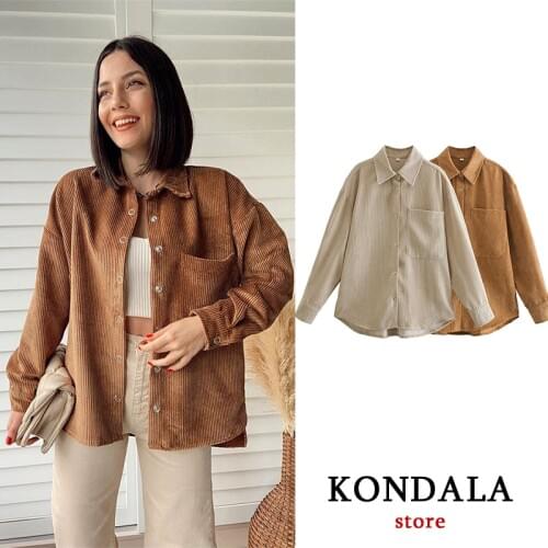 KONDALA Women Shirt fashion za 2021 high quality Two solid color corduroy vintage shirts elegant tops