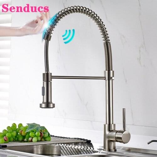 Touch Spring Kitchen Faucet Senducs Brushed Nickel Pull Out Kitchen Sink Mixer Tap Newly Spring Sensor Touch Kitchen Faucets