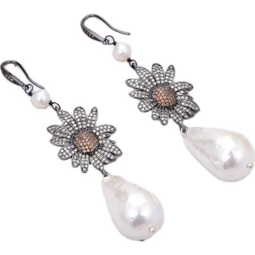 JK 16x25MM Natural White Sea Shell Pearl CZ Pave Flower Hook Earrings For Women Lady Jewelry