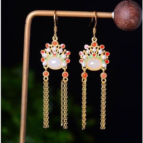 Natural Hetian white jade Tassel Earrings Chinese ancient court style Peking Opera facial makeup light luxury silver jewelry
