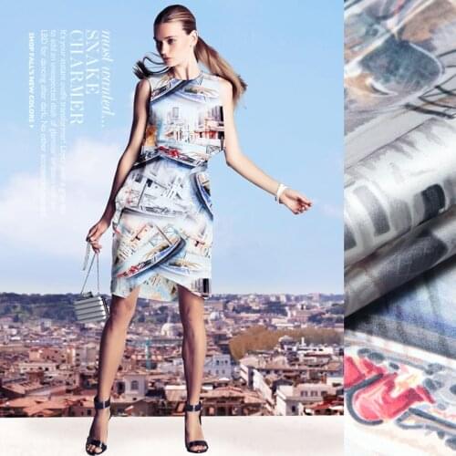 118cm wide 19mm 93% silk & 7% spandex city print silk satin fabric for summer dress shirt clothes cheongsam D242