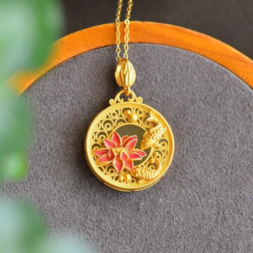 Hetian Jade round Lucky Pendant Pendant Female Jade Ethnic Style Necklace Female Retro Personality Lotus Chinese Style Jewelry