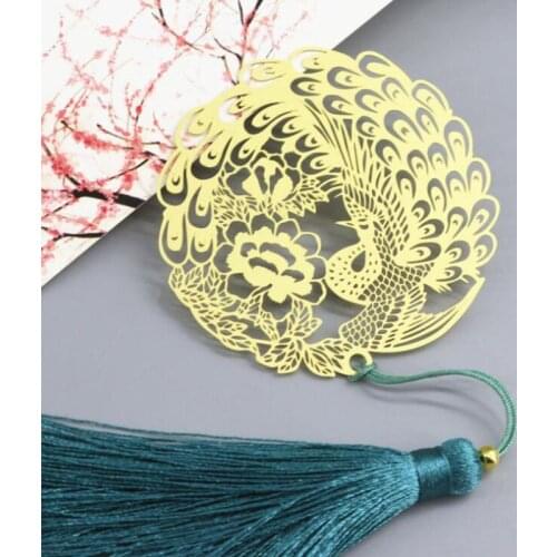 Vintage Chinese Style Gold Metal Hollow Peacock Tassel Bookmark Office Stationery School Exquisite Student Supplies Girl Gift