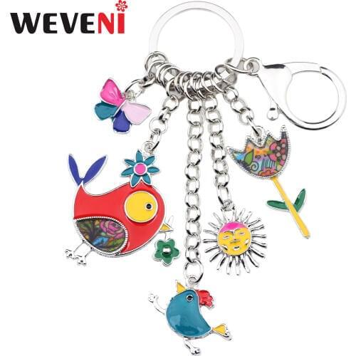 WEVENI Enamel Alloy Bird Sun Flower Key Chain Keychain Ring Anime Animal Gift Jewelry For Women Girls Car Bag Charms Wholesale