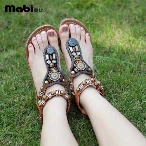 Famous brand women beading sandals Bohemian metal rivets flat summer shoes woman double belt ankle strap gladiator sandals women