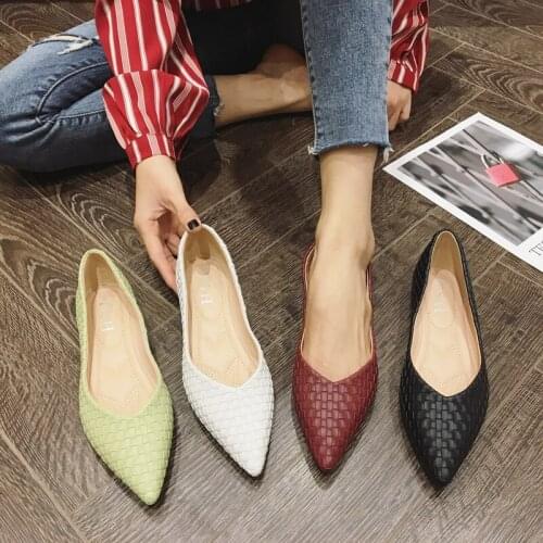 Womens Flat Shoes 2021 Pointed Toe Shallow Soft Sole Single Shoes Flat Woven Pu Professional Work Flat Shoes