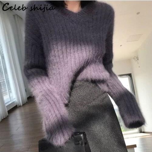 Mink Cashmere Sweater Woman Purple Thicken Warm Long-sleeve Autumn Winter Knitting Jumper Female V-neck Vintage Crop Pullover