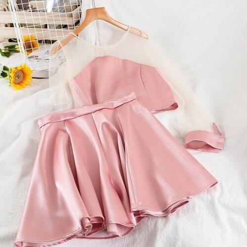 Temperament new product perspective stitching mesh short shirt wide leg pants skirt western style two-piece suit