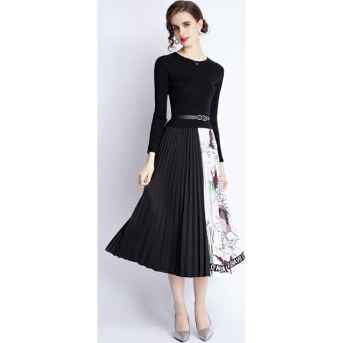 Autumn elegant Women Knit Elegant Knee-length Pleated Dress Patchwork Vestidos Long Sleeve Party Dress Robe with Belt k7059