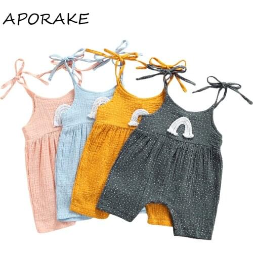 2021 0-18M Summer Infant Baby Girl Romper Sweet Rainbow String Sleeveless Playsuit Harem Pants Cotton Linen Clothes 4 Colors