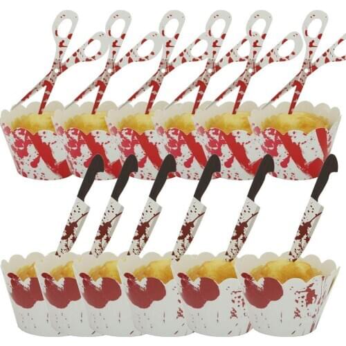 24pcs Bloody Knife Cupcake Toppers Handprint Cupcake Wrappers Liners for Halloween Party Cake Decoration Supplies