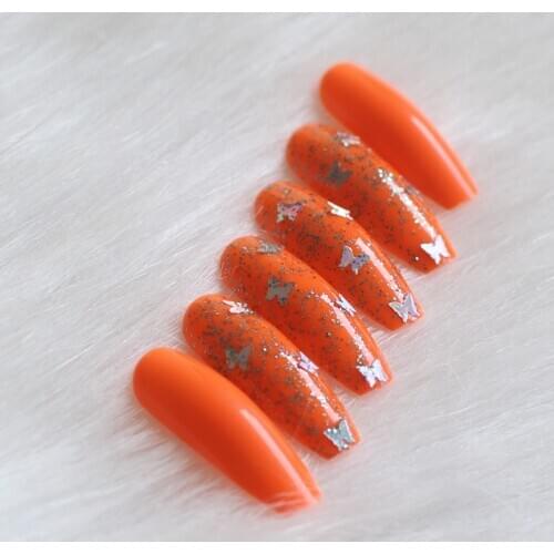 24pcs Fashion fake nails Removable Ballet Coffin With rhinestones Nail tips Orange