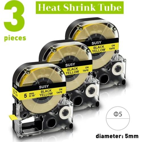 3PK SU5Y 9mm*2.5m Tape Compatible Epson Kingjim Heat Shrink Tube Printable Tube Tape for Espon Labelworks LW300 LW500 LW600P 400