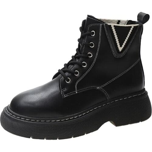 Fashion Motorcycle Platform Botas Black PU Leather Ankle Boots Women Autumn Winter Round Toe Lace Up Shoes Woman Plus Size