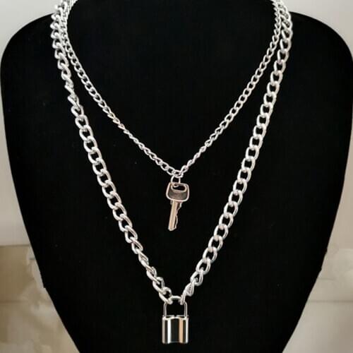 2021 Goth Padlock Double Lock Chain Necklace Women Men Punk Choker Lock Pendant Necklace Emo Gothic Grunge Jewelry Sweater Chain