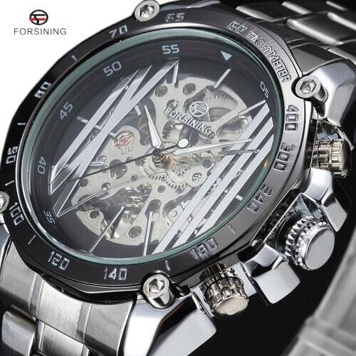 Top Brand FORSINING Steampunk Men Military Watches Luxury Automatic Mechanical Skeleton Dial Stainless Steel Fashion Watch New