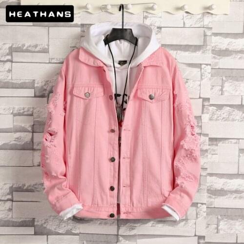 Spring Autumn Denim Jacket Mens Youth Korean Loose Hole Handsome Jean Jacket Shirt Male Solid Color Plus Size M-5XL Men Pink Top