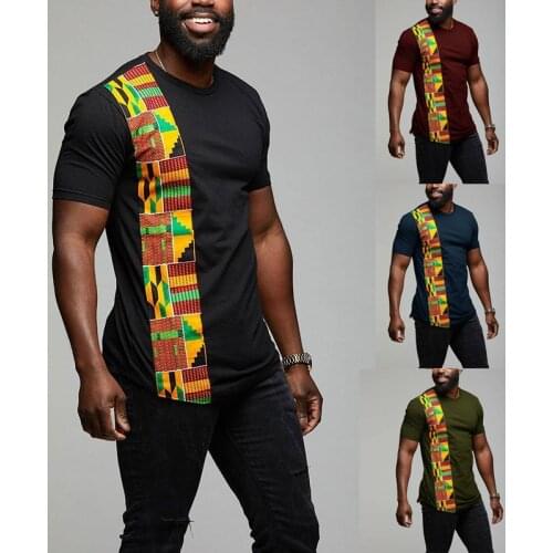 African Kente T Shirt Patchwork Color Print Top Wear Mens Ankara Style Panel Tees O Neck Kitenge For Men Short Sleeves Black
