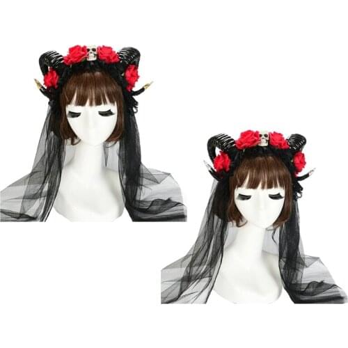 N7MF Handmade Horn Headdress Skull Flower Veil Headband for Halloween Party Christmas Creative Carnival Hair Accessories