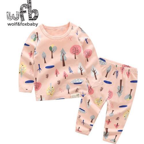 Retail 1-10 years set cotton long-sleeved T-shirt home service + pants printed tree girl spring fall autumn