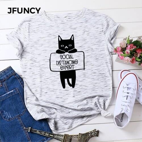 JFUNCY Funny Cats Printed Women T-Shirt Summer Cotton Tshirt Oversized S-5Xl Loose Tees Tops Female Short Sleeve T Shirt