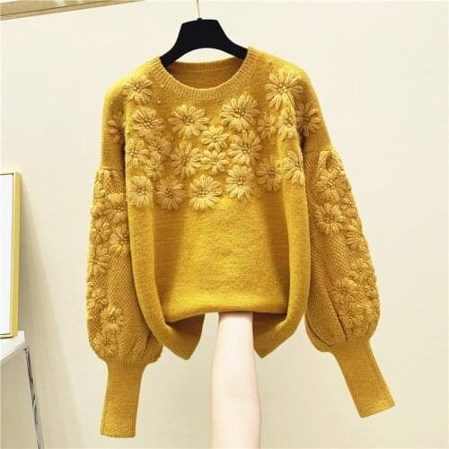 Cashmere Sweaters Women Loose Oversized Crochet Flower Embroidered Lantern Sleeve Pullover Sweaters 2020 Autumn Winter Warm