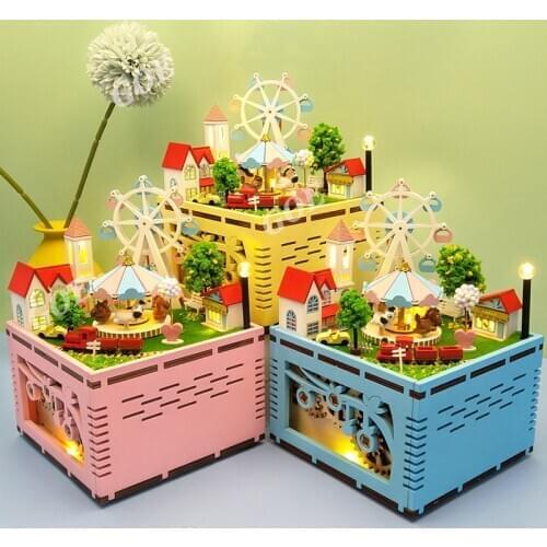 Carousel Ferris Wheel Music Box DIY Wooden Dollhouses Mini Villa Kit Assembled Miniature Doll House Toys for Children Adult Gift