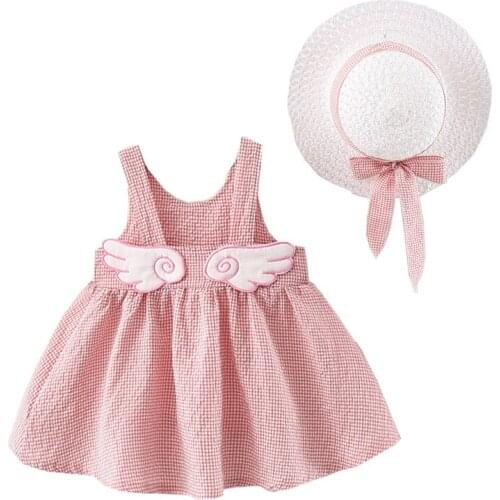 Angels Wing Baby Girl Dress With Hat Newborn Toddler Summer Outfits 2pcs Beach Linen Cotton Blend Kids Clothes