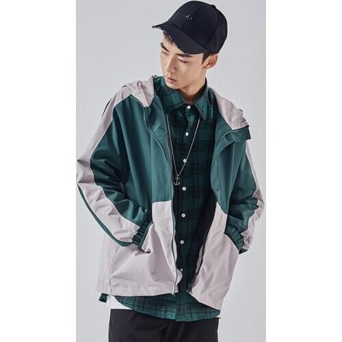 Hooded Color Block Jacket 2019 Autumn Casual Windbreaker Vintage Color Block Loose Track Hoodie Coats Streetwear Hiphop KK3209