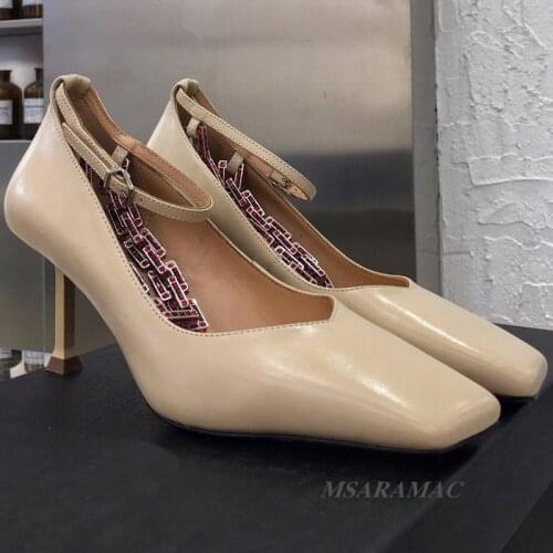 Square toe High Heel Pumps Formal Office Ladies Dress Shoes Genuine Leather Designer High Quality Spring New Ankle Chain Shoes