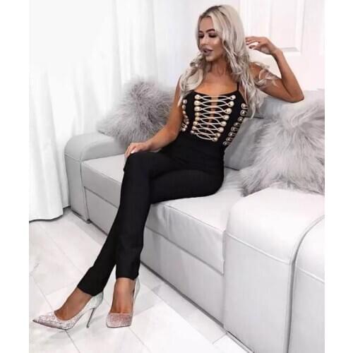 Hot Selling Bandage Jumpsuits Lace Up Spaghetti Strap Club Bodysuits Rayon Elastic Knitted Slim Fit Woman Clothes