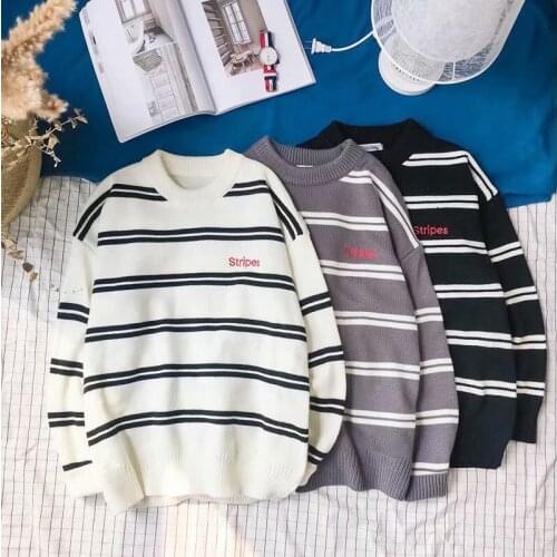 Mens Sweater Autumn Winter Pullovers Thermal Knitting Jumper Preppy Style Casual Sweaters Striped Loose Clothing Male Pullovers