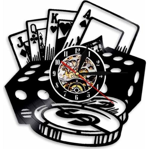 Poker Dice Chip Gambling Inspired Vinyl Record Wall Clock Game Room Club Bar Interior Decor Casino Exclusive Gambler Wall Clock