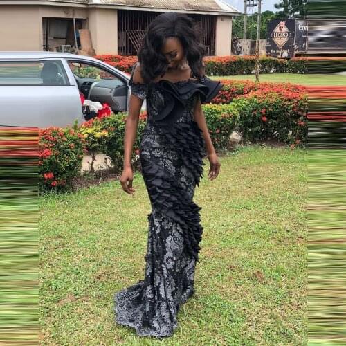 1.021 New Designer Mermaid Evening Dresses Strapless Cap Sleeves Ruffles Pleated Satin Lace Aso Ebi Prom Dresses