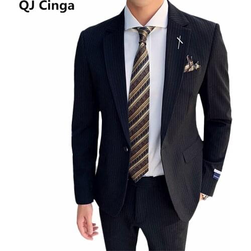 Spring/Autumn New Black Striped Dress 2 Piece Set Men Navy Blue Man Business/Wedding Suit (Jacket + Pants) Size S-XXXL
