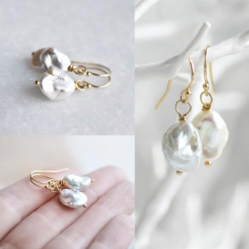 New Natural White irregular Freshwater 9-10MM Pearl Baroque 925 Sterling Silver Earrings