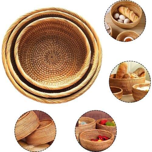 3PCS/Set Handmade Rattan Weaving Large Round Storage Wicker Basket Fruit Bowl Candy Storage Basket Food Tray
