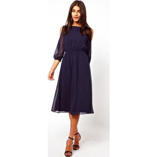Queechalle 3/4 sleeve solid chiffon dress Summer 2020 elastic waist off the shoulder loose women dress White deep blue color