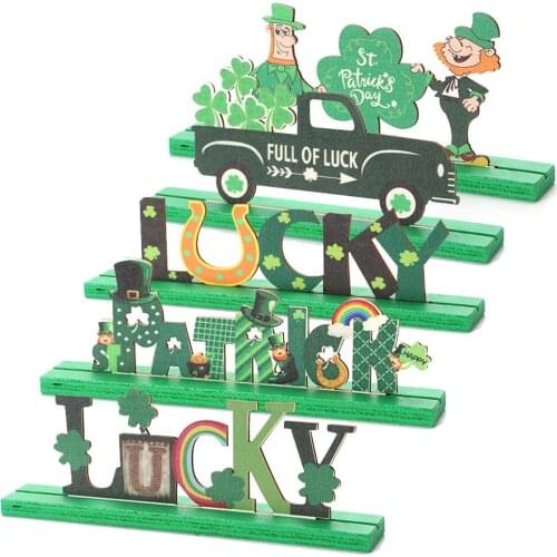 Carving St. Patricks Day Wood Board Ornament Standing Tabletop Lucky Shamrock Car Top Hat Man Figurine Wooden Craft